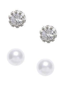 OOMPH - Set of 2 Silver Round Crown Cubic Zirconia & White Pearl Ear Stud Earrings