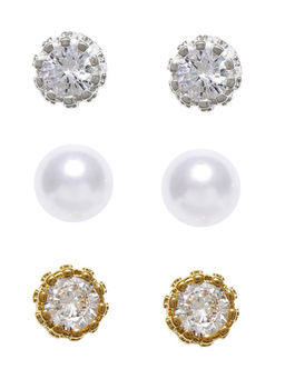 OOMPH - Set of 3 Silver & Gold Round Crown Cubic Zirconia & White Pearl Ear Stud Earrings