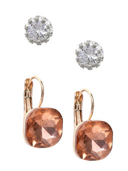 OOMPH - Set of 2 Silver Crown & Gold Square Cubic Zirconia Ear Stud & Drop Earrings