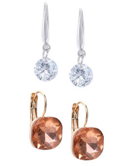 OOMPH - Set of 2 Silver Cubic Zirconia & Gold Square Cubic Zirconia Drop Earrings
