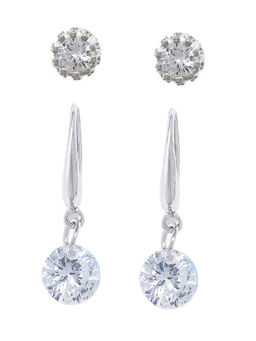 OOMPH - Set of 2 Crown Design Silver Tone Cubic Zirconia Ear Stud & Drop Earrings