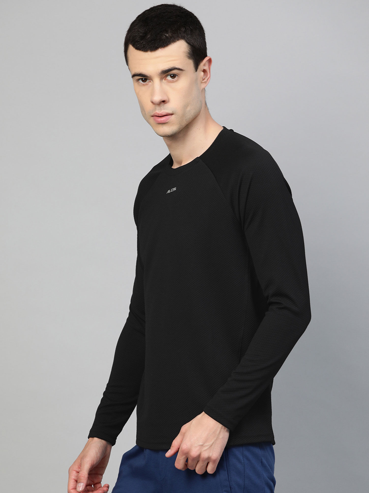 Alcis Black Self Design Round Neck 