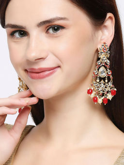 OOMPH - Red Meenakari and Kundan Pearls Long Floral Drop Earrings