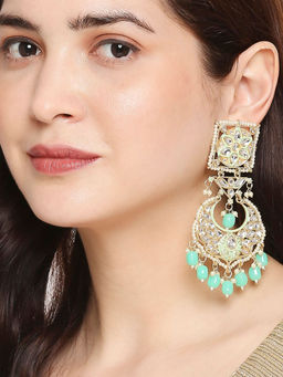 OOMPH - Green Kundan and Pearls Floral Large Drop Earrings