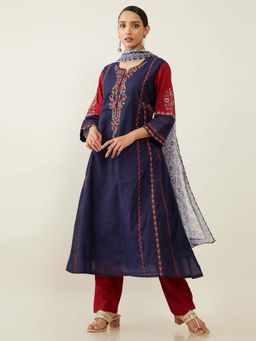 Soch - Navy Blue Chanderi Silk Suit Set (Set of 3)