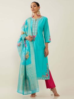 Soch - Turquoise Blue Chanderi Silk Suit Set (Set of 3)