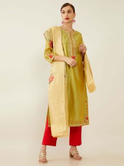 Soch - Olive Chanderi Silk Suit Set (Set of 3)