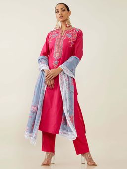 Soch - Fuchsia Chanderi Silk Suit Set (Set of 3)