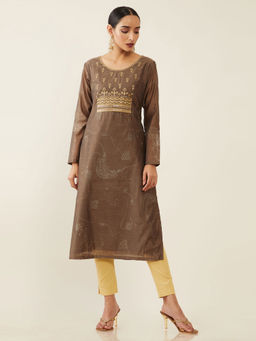 Soch - Brown Chanderi Silk Digital Print Kurta