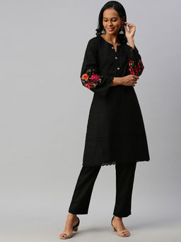 Soch - Black Pure Cotton Embroidered Kurti Suit (Set Of 2)