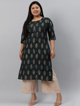 Extra love by Libas - Plus Size Women Green Printed Silk Kurtas for Women