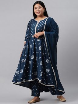 Extra love by Libas - Plus Size Women Blue Printed Silk Anarkali Kurta Sets for Women