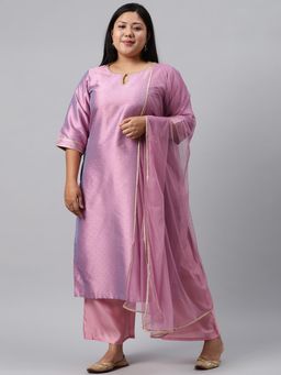 Extra love by Libas - Plus Size Women Purple Woven Design Art Silk Straight Kurta Sets for Women