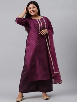 Extra love by Libas - Plus Size Women Purple Woven Design Art Silk Straight Kurta Sets for Women