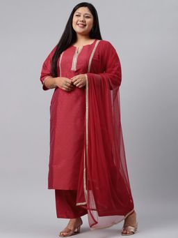 Extra love by Libas - Plus Size Women Red Woven Design Art Silk Straight Kurta Sets for Women