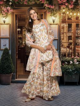 Aurelia - Women White Floral Kurta with Sharara and Dupatta