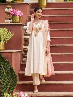 Aurelia - Women's White Zari Embroidered A-Line Kurta with Pant & Dupatta