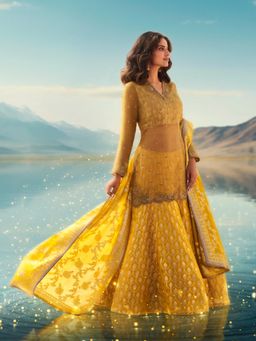 WISHFUL by W - Wishful Mustard Printed Straight Kurta with Palazzo and Dupatta