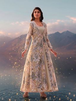 WISHFUL by W - Beige Floral Anarkali Dress with Jacket