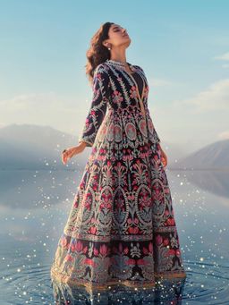 WISHFUL by W - Navy Blue Dyed Sequined Flared Mesh Anarkali Kurta with Jacket