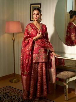 W - Red Embroidered Straight Kurta with Sharara and Dupatta