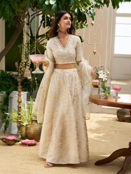 W - Cream Embellished Maxi Jacquard Blouse with Skirt and Dupatta