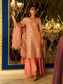 W - Pink Straight Kurta Sharara and Dupatta