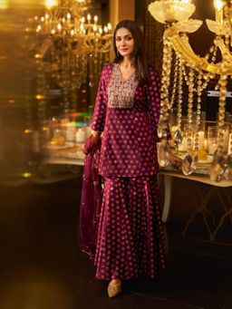 W - Maroon Embroidered A-Line Rayon Kurta Sharara and Dupatta