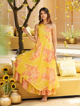 W - Yellow Ethnic Motifs Zari Fit and Flare Tissue Dress