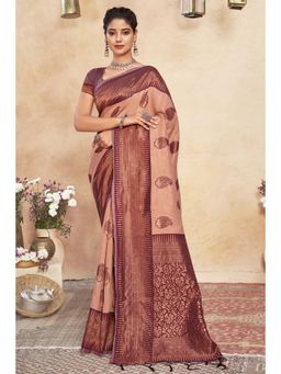 Sangam Prints - Peach Cotton Woven Zari Work Traditional Tassel Saree with Unstitched Blouse