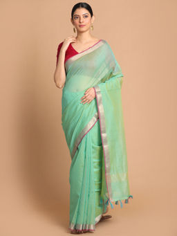 Indethnic - Banarasi Green Solid Daily Wear Saree With Unstitched Blouse