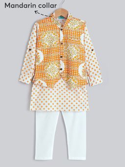 Hopscotch - Orange Floral Kurta and Jacket with Pyjama (Set of 3)