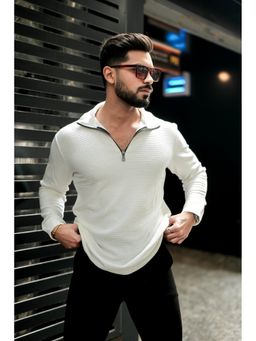 GRITSTONES - Men White Self Design Front Zipper Polo T-Shirt