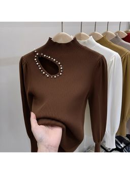 MISS MOSA BY AKANKSHA - Alexis Pearl Fleece Sweater Dark Brown