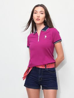 U.S. POLO ASSN. - Womens Solid Regular Fit Magenta Polo T-Shirt
