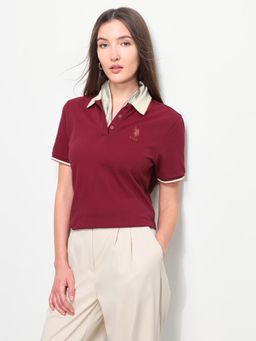 U.S. POLO ASSN. - Womens Solid Relaxed Fit Maroon Polo T-Shirt