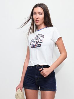 U.S. POLO ASSN. - Womens Graphic Brand Printed Fitted Ringer T-Shirt