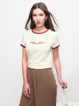 U.S. POLO ASSN. - Womens Floral Embroidered Regular Fit Ringer T-Shirt