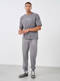 Styli - Grey Men Oversized Fit Varsity Print Jogger with Elasticated Hem