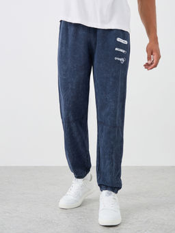 Styli - Navy Blue Men Print Detail Panel Oversized Joggers
