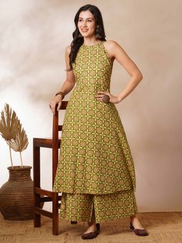 Globus - Women Green Halter Neck Printed Kurta with Palazzo (Set of 2)