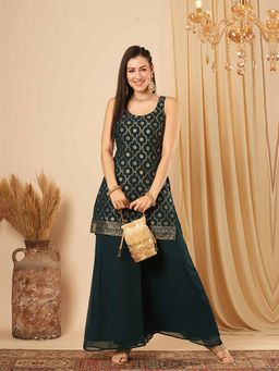 Globus - Women Green Foil Ethnic Motif Print Short Kurti with Palazzo (Set of 2)