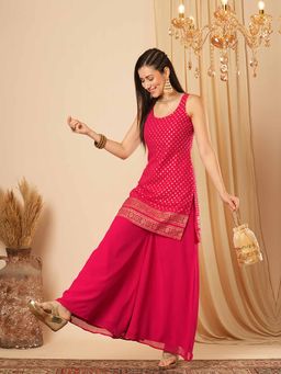 Globus - Women Pink Foil Ethnic Motif Print Short Kurti with Palazzo (Set of 2)