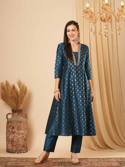 Globus - Women Navy Blue Embroidered Foil Print Anarkali Kurta with Pant (Set of 2)