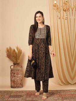 Globus - Women Black Floral Embroidered Anarkali Kurta with Pant (Set of 2)