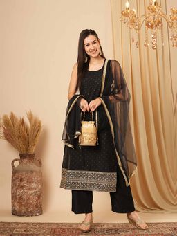Globus - Women Black Foil Print Sequined Kurta with Pant and Dupatta (Set of 3)
