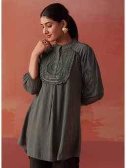 Lakshita - Army Green Cotton Linen Embroidered for Women Casual Top