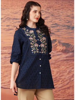 Lakshita - Navy Blue Embroidered Schiffli Cotton for Women Casual Top