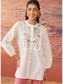 Lakshita - White Embroidered Schiffli Cotton for Women Casual Top