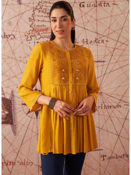 Lakshita - Mustard Embroidered Rayon for Women Festive Tunic